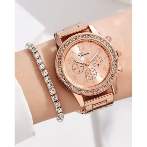 Set accesorii dama rose gold, ceas quartz 36 mm, bratara 20 cm, cercei, lantisor cu pandantiv, inel zirconia si cutie cadou, pentru tinute elegante [2]