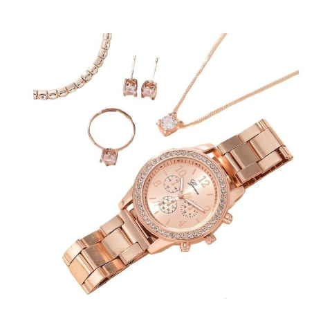 Set Bijuterii Cadou - Set accesorii dama rose gold, ceas quartz 36 mm, bratara 20 cm, cercei, lantisor cu pandantiv, inel zirconia si cutie cadou, pentru tinute elegante