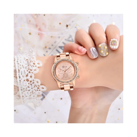Set accesorii dama rose gold, ceas quartz 36 mm, bratara 20 cm, cercei, lantisor cu pandantiv, inel zirconia si cutie cadou, pentru tinute elegante [6]
