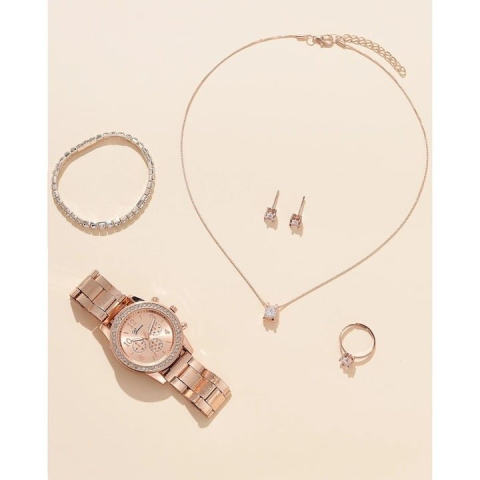 Set accesorii dama rose gold, ceas quartz 36 mm, bratara 20 cm, cercei, lantisor cu pandantiv, inel zirconia si cutie cadou, pentru tinute elegante [3]