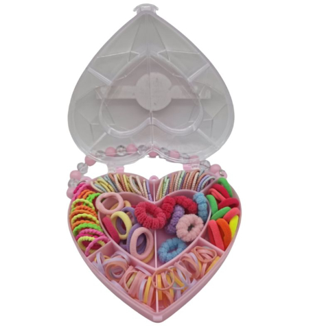 Diverse copii - Set accesorii elastice par copii, cutie inima roz, 138 piese colorate, sortate pe compartimente – ideal pentru coafuri zilnice, joaca si cadou
