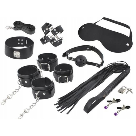 Alte obiecte cadou - Set accesorii erotice pentru cupluri, 13 piese, din piele ecologica, negru – accesorii pentru relaxare si activitati in doi