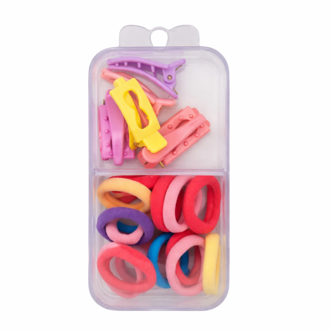CASA & GRADINA - Set accesorii par 18 elastice 1.5 cm si 6 cleme 3 cm, colorate, cutie organizator transparenta