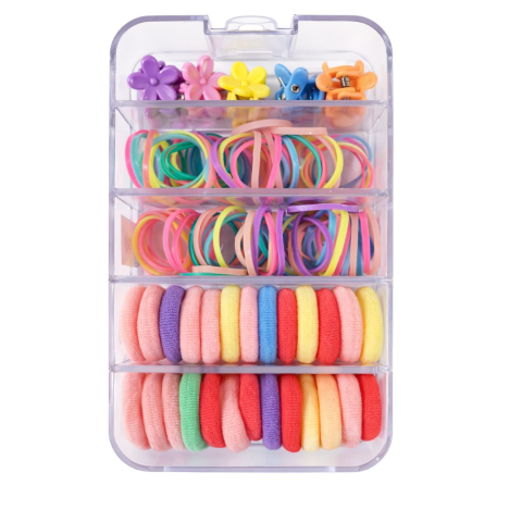 CASA & GRADINA - Set accesorii par copii cu cutie organizator, 26 elastice textile 2 cm, 80 elastice cauciuc multicolore si 5 cleme floricele 0.8 cm