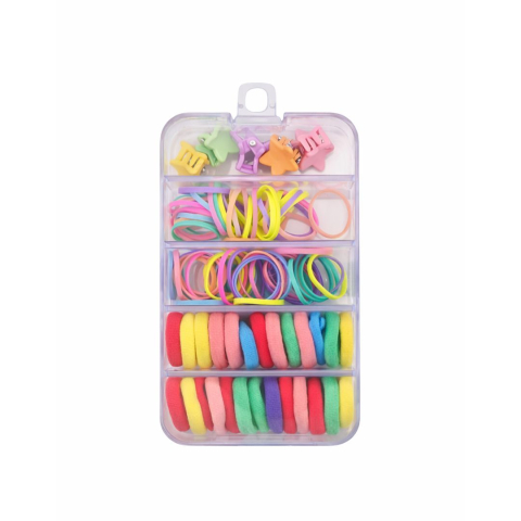 CASA & GRADINA - Set accesorii par copii cu elastice textile si elastice cauciuc multicolore, 5 cleme steluta si cutie organizator transparenta
