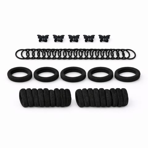 Set accesorii par negre, 26 elastice groase, 40 elastice subtiri, 5 cleme fluturas, elastan, 1.5 cm, organizator inclus [3]