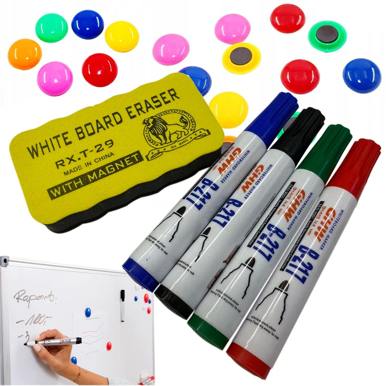 Set accesorii tabla magnetica, 4 markere colorate, burete magnetic si 12 magneti colorati, pentru whiteboard, scoala si birou [5]