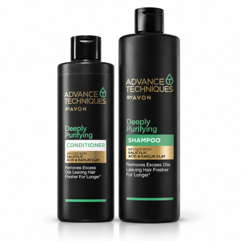 Sampon de par - Set Advance Techniques Deeply Purifying, Sampon 400 ml + Balsam 250 ml, Acid Salicilic si Argila Kaolin, Avon