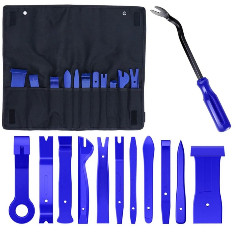 Mentenanță auto - Set albastru 11 piese extractoare pentru tapiterie auto, parghii, deschizatoare si cheie metalica pentru demontare panouri, radio si ornamente