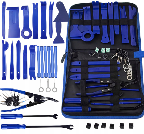 Set albastru 46 piese extractoare pentru tapiterie auto, 32 x 23 x 5 cm, unelte demontare panouri, cleme, radio si ornamente, husa transport [8]