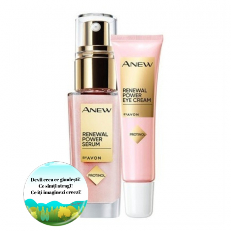 Tratamente faciale - Ser pentru intinerirea tenului Renewal Power 30 ml , Crema pentru ochi Anew Renewal Power 15 ml AVON si insigna Dactylion cu mesaj motivational