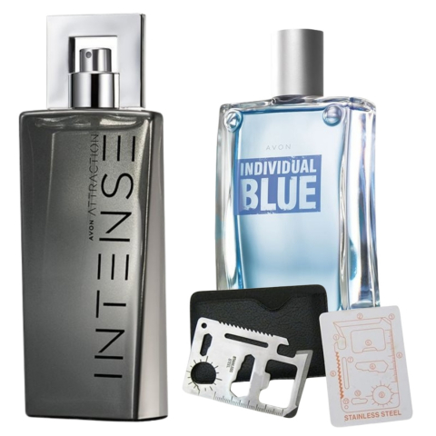 PARFUMURI & SETURI - Set apa de toaleta Attraction Intense pentru El 75 ml, apa de toaleta Individual Blue 100 ml, card multifunctional de supravietuire, otel inoxidabil