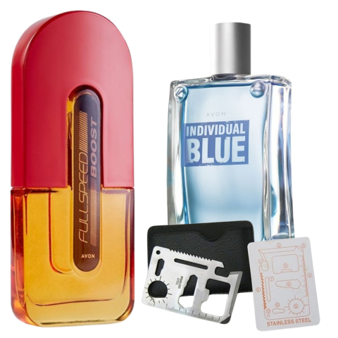 Set Ingrijire barbati - Set apa de toaleta Full Speed Boost 75 ml, apa de toaleta Individual Blue 100 ml, card multifunctional de supravietuire, otel inoxidabil