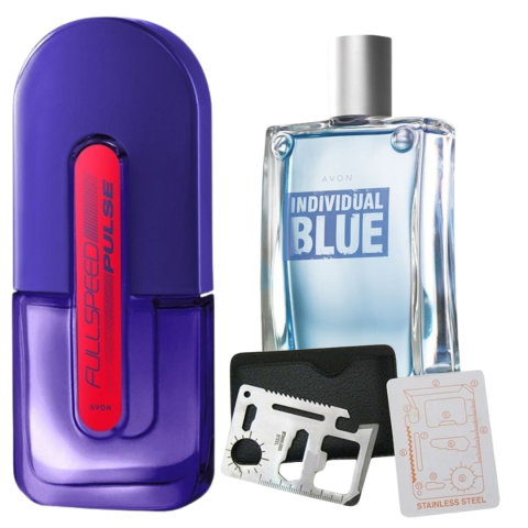 Set Ingrijire barbati - Set apa de toaleta Full Speed Pulse 75 ml, apa de toaleta Individual Blue 100 ml, card multifunctional de supravietuire, otel inoxidabil