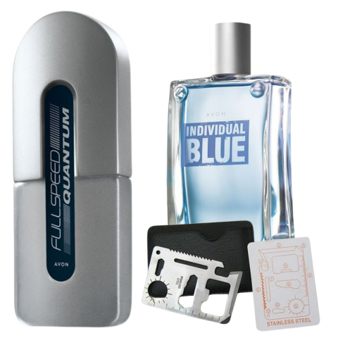 Set Ingrijire barbati - Set apa de toaleta Full Speed Quantum 75 ml, apa de toaleta Individual Blue 100 ml, card multifunctional de supravietuire, otel inoxidabil