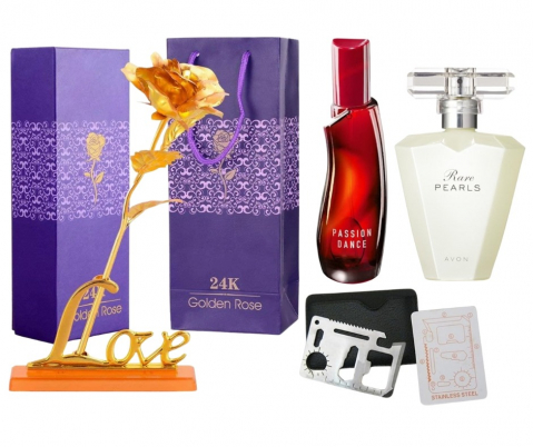 PARFUMURI & SETURI - Set apa de toaleta Passion Dance 50 ml, apa de parfum Rare Pearls 50 ml, card multifunctional, de supravietuire si trandafir auriu cu suport si cutie incluse