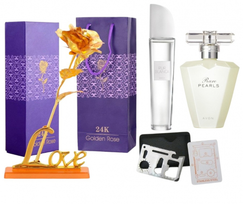 PARFUMURI & SETURI - Set apa de toaleta Pur Blanca 50 ml, apa de parfum Rare Pearls 50 ml, card multifunctional, de supravietuire si trandafir auriu cu suport si cutie incluse