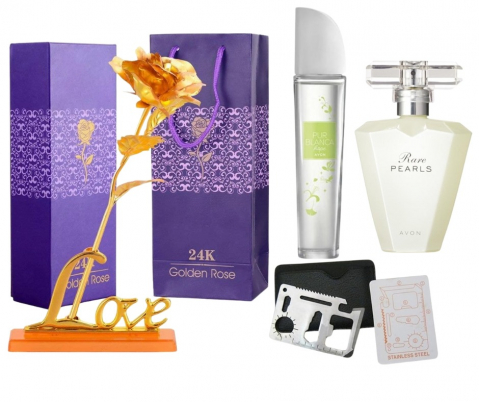 PARFUMURI & SETURI - Set apa de toaleta Pur Blanca Hope 50 ml, apa de parfum Rare Pearls 50 ml, card multifunctional, de supravietuire si trandafir auriu cu suport si cutie incluse