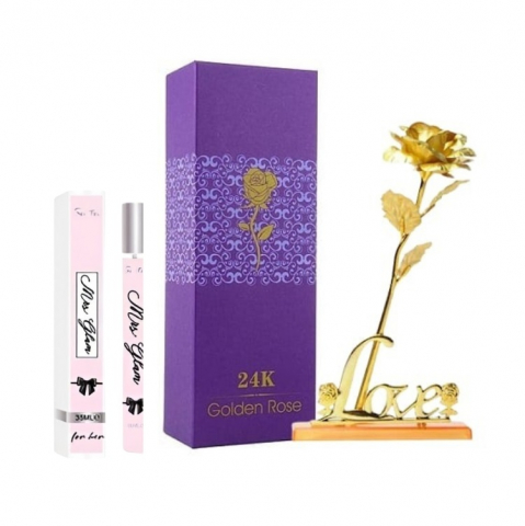 PARFUMURI & SETURI - Set apa de toaleta Sentio 35 ml, pentru dama, model aleatoriu si trandafir auriu cu suport si cutie cadou, suflat la baza cu auriu