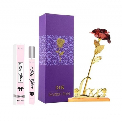 PARFUMURI & SETURI - Set apa de toaleta Sentio 35 ml, pentru dama, model aleatoriu si trandafir rosu cu suport si cutie cadou, suflat la baza cu auriu