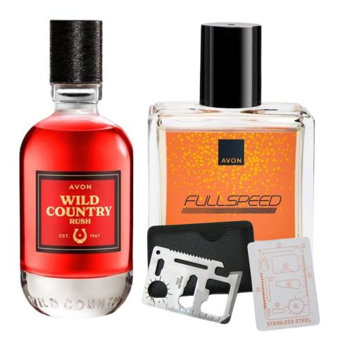Set Ingrijire barbati - Set apa de toaleta Wild Country Rush 75 ml, apa de toaleta Full Speed 30 ml, card multifunctional de supravietuire, otel inoxidabil