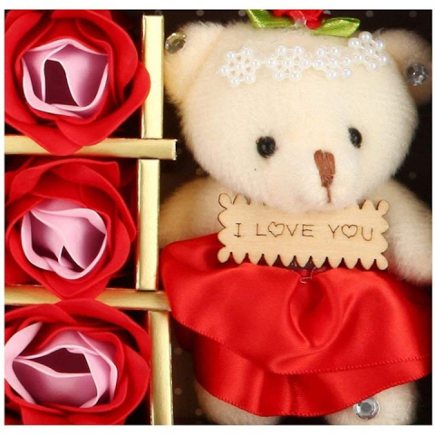 Set aranjament floral cu trandafiri din sapun si ursulet, cutie 24x12 cm, culoare rosu [3]