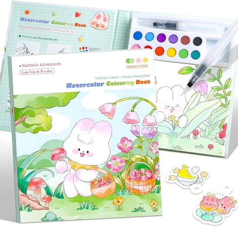 Set artistic pentru copii cu acuarele si carte de colorat, tematica iepure si natura, 12 culori, pensula reutilizabila cu apa, 20 foi carton [5]