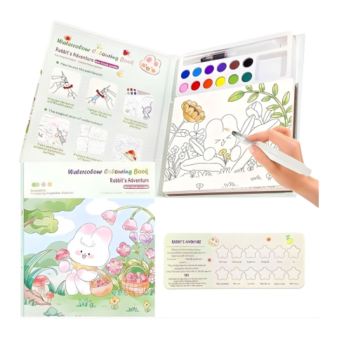 Set artistic pentru copii cu acuarele si carte de colorat, tematica iepure si natura, 12 culori, pensula reutilizabila cu apa, 20 foi carton [7]
