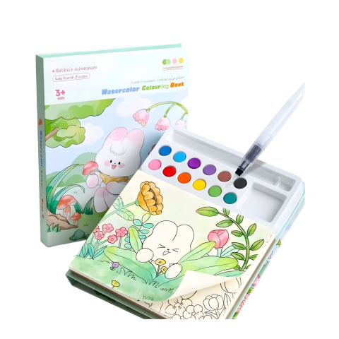 Set pictură și desen - Set artistic pentru copii cu acuarele si carte de colorat, tematica iepure si natura, 12 culori, pensula reutilizabila cu apa, 20 foi carton