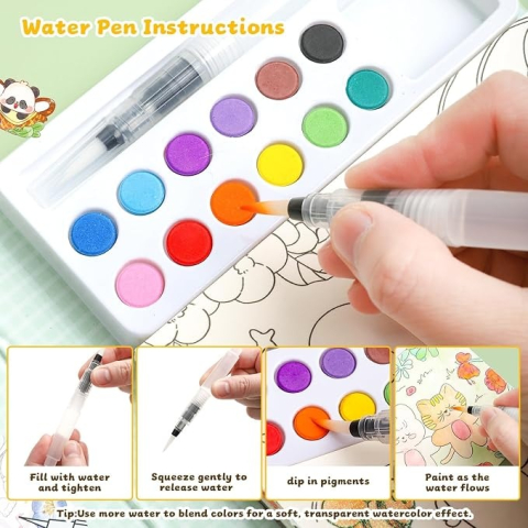 Set artistic pentru copii cu acuarele si carte de colorat, tematica iepure si natura, 12 culori, pensula reutilizabila cu apa, 20 foi carton [4]