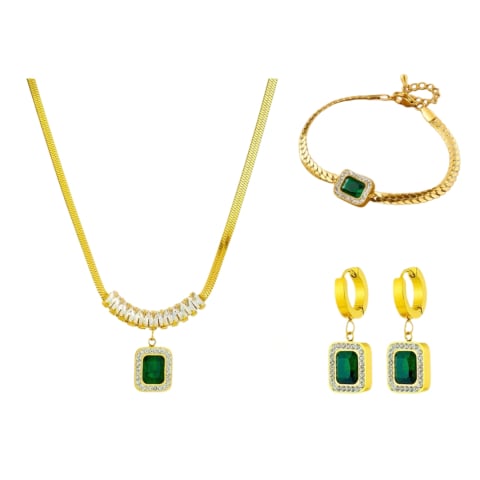 Set bijuterii dama, bratara, colier, cercei, auriu/verde