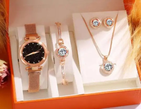 Set bijuterii dama, ceas, bratara, cercei, colier, roz auriu, cutie inclusa [4]