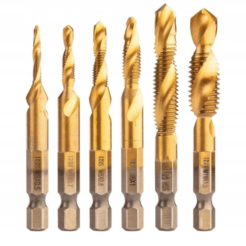 CASA & GRADINA - Set burghie cu tarod HSS TiN auriu M3 - M10, 6 buc, HEX 6.35 mm, pentru gaurire, filetare si debavurare in metal, aluminiu, plastic si lemn