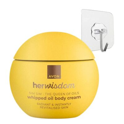 ÎNGRIJIRE PERSONALĂ - Set cadou auriu Avon HerWisdom Sim Sim, crema corp 180 ml cu ulei natural de susan, Omega 6 si 9, efect radiant, cuier transparent 5.6 x 5.6 cm autoadeziv