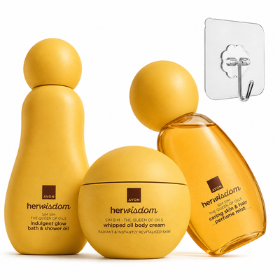 Cremă de maini - Set cadou auriu Avon HerWisdom Sim Sim cu spray parfumat pentru piele si par, crema aerata, ulei baie si dus, floarea Nilului, nuci de caju, cuier transparent