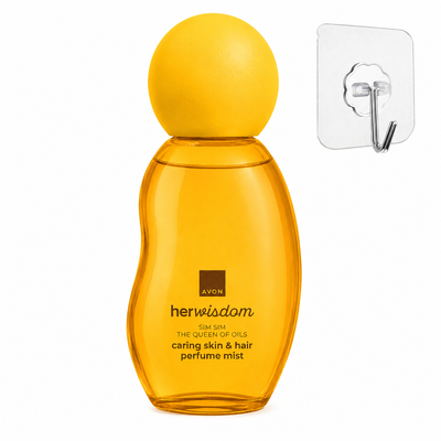Spray & uleiuri corp - Set cadou auriu Avon HerWisdom Sim Sim, spray parfumat piele si par 100 ml, floarea Nilului, nuci de caju, cuier transparent 5.6 x 5.6 cm autoadeziv