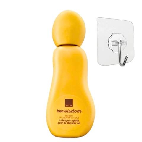 ÎNGRIJIRE PERSONALĂ - Set cadou auriu Avon HerWisdom Sim Sim, ulei de baie si dus pentru stralucire, floarea Nilului, nuci de caju, cuier transparent 5.6 x 5.6 cm autoadeziv