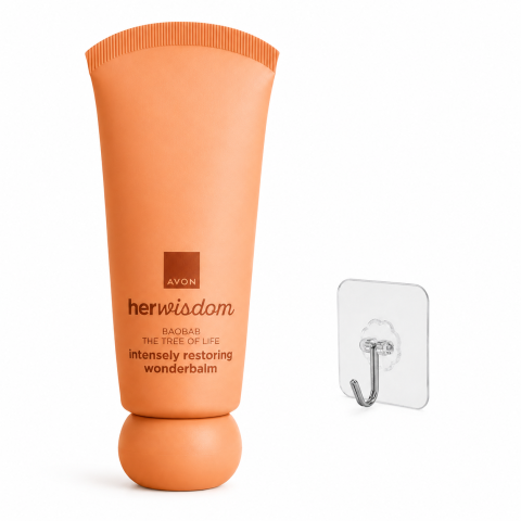 ÎNGRIJIRE PERSONALĂ - Set cadou balsam corp Avon HerWisdom Baobab 50 ml, Wonderbalm nutritiv pentru piele uscata, cuier transparent 5.6 x 5.6 cm, autoadeziv si rotativ