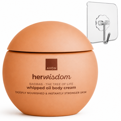 Set cadou crema de corp Avon Her Wisdom Baobab 180 ml, nutritiva, textura aerata, cuier transparent 5.6 x 5.6 cm, autoadeziv, carlig rotativ 180°