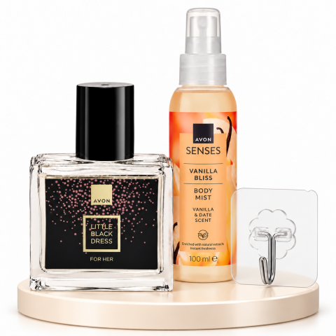 Parfumuri femei - Set cadou cu carlig transparent 5.5 x 5.5 cm, AVON Little Black Dress 30 ml si Spray de Corp