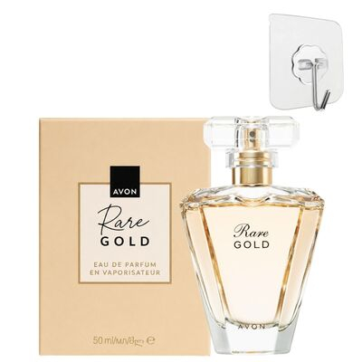 CASA & GRADINA - Set cadou elegant Avon Rare Gold, apa de parfum 50 ml pentru femei, aroma floral-aldehidica, ylang-ylang, mandarina, ambra, cuier transparent 5.6 x 5.6 cm autoadeziv