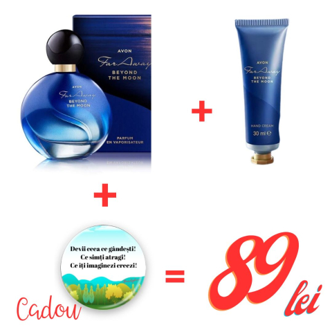 Set cadou Far Away Beyond the Moon – parfum 50 ml + cremă de mâini 30 ml + insignă motivațională cadou