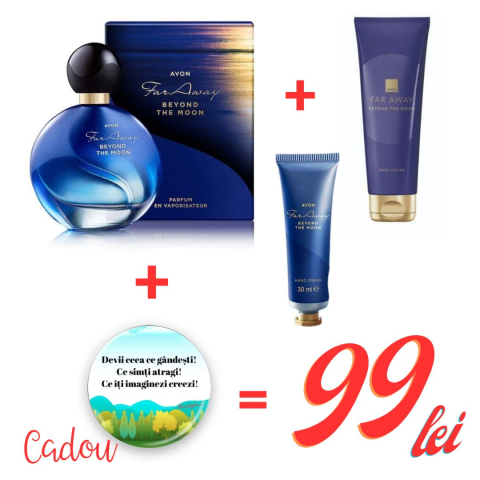 Parfumuri - Set cadou Far Away Beyond the Moon – parfum 50 ml + loțiune de corp 125 ml + cremă de mâini 30 ml + insignă motivațională cadou