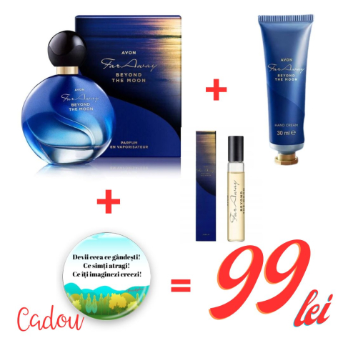 Set cadou Far Away Beyond the Moon – parfum 50 ml + mini parfum 10 ml + cremă de mâini 30 ml + insignă motivațională cadou