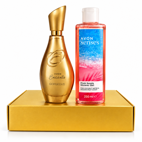 Mistery Box - Set Cadou Femei AVON Encanto Gorgeous, Parfum 50 ml, Gel de Dus Senses Pink Sands 250 ml