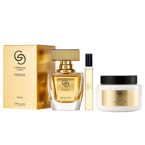 Set cadou Giordani Gold Essenza pentru femei, apa de parfum 50 ml, crema parfumata pentru corp 250 ml si mini parfum de poseta 8 ml, aroma floral-lemnoasa luminoasa