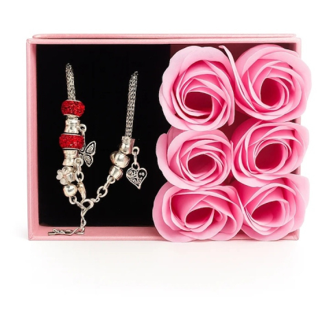 PARFUMURI & SETURI - Set cadou luxury cu 6 trandafiri din sapun roz si bratara decorativa, cutie premium Love Forever, cu punga cadou