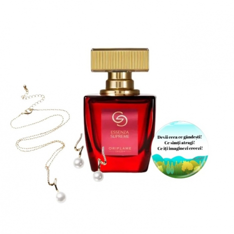 Set cadou parfum Giordani Gold Essenza Supreme, bijuterii Hidden Gems Pearl din otel inoxidabil si insigna Dactylion cu mesaj motivational