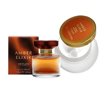 Set cadou pentru Ea, parfum de femei Amber Elixir insotit de crema corp, trandafir auriu din plastic suflat la baza cu aur si insigna Dactylion cu mesaj motivational [1]