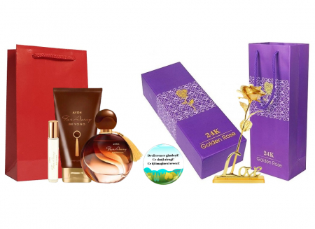 Pungi cadou - Set cadou pentru Ea, parfum de femei Far Away Beyond insotit de lotiune, mini apa, trandafir auriu din plastic suflat la baza cu aur si insigna Dactylion cu mesaj motivational